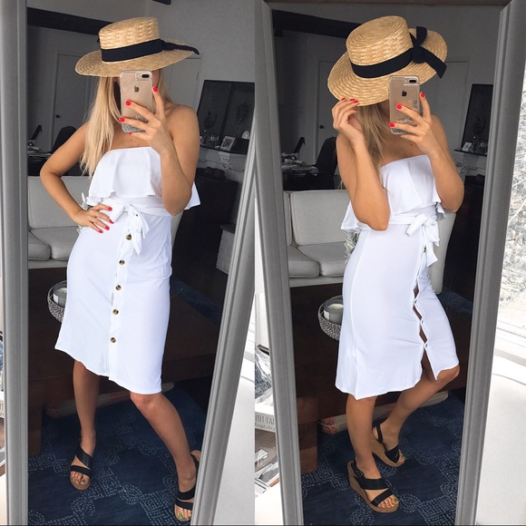 🆕 WHITE RUFFLE OPEN SHOULDER BUTTON MIDI DRESS! - Picture 6 of 10